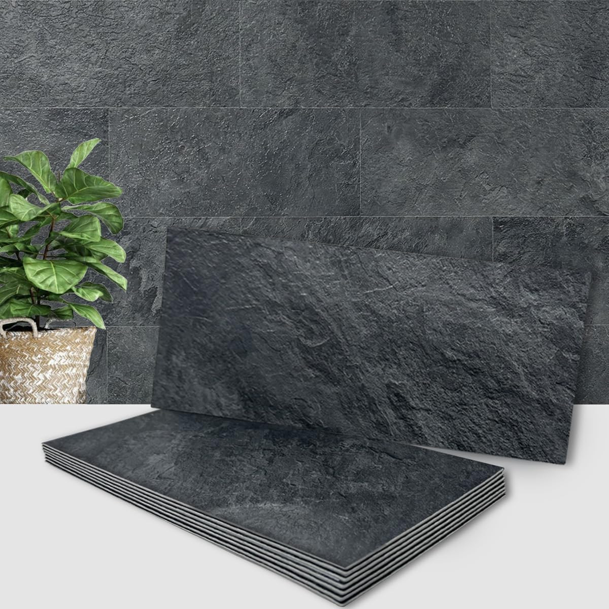 AULIGET 6" x 12" Black Slate Peel and Stick Backsplash Wall Tiles, PVC Faux Stone Stick on Tiles for Backsplash Kitchen, Bathroom, Laundry Room, Camper, Fireplace (Pack of 20) | Amazon (US)