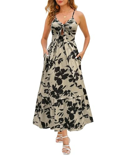 Kranda Women 2025 Summer Fall Floral Maxi Dress High Waist Tie Front Spaghetti Strap Ruffle Long ... | Amazon (US)