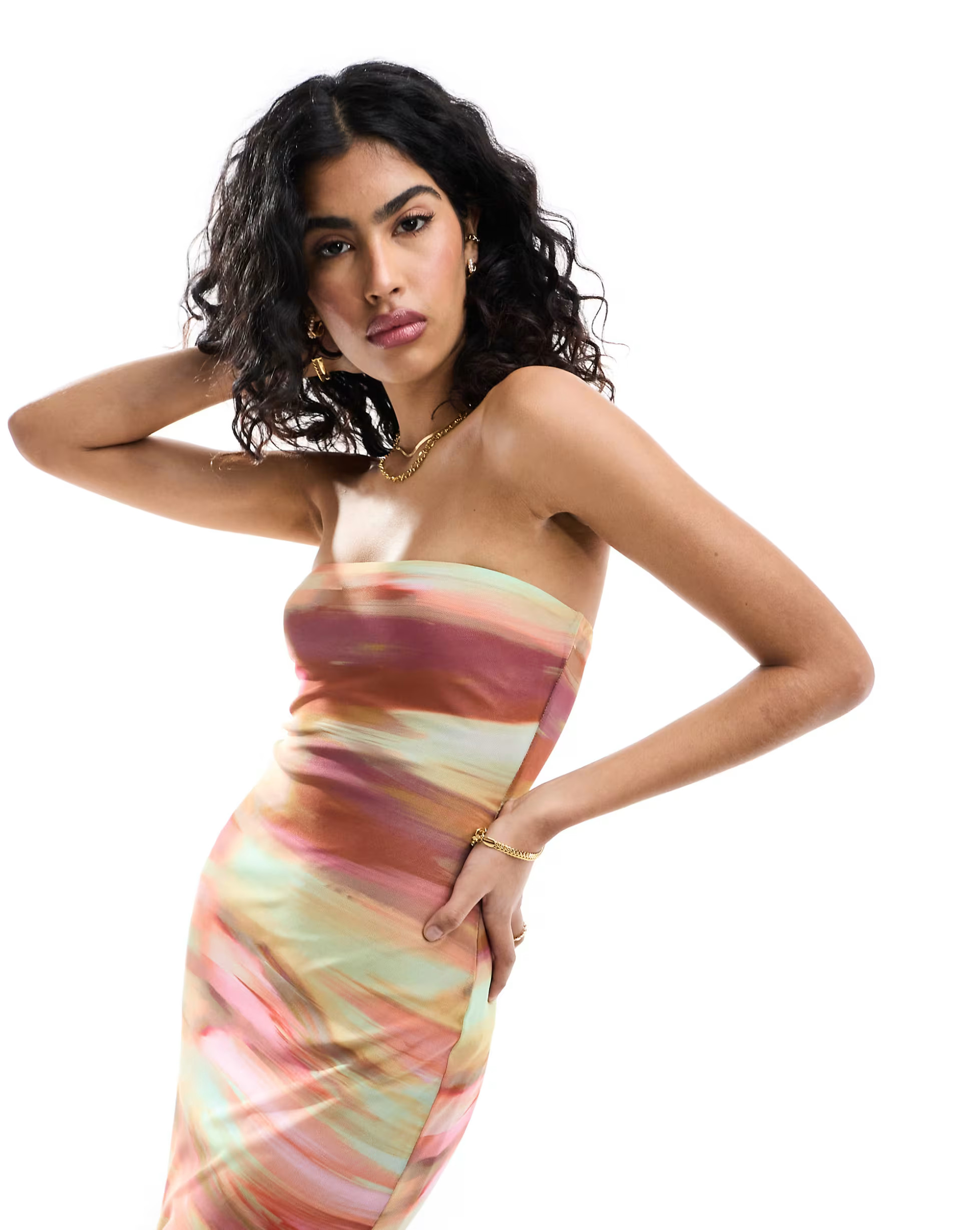 ASOS DESIGN bandeau mesh printed maxi dress in abstract smudge print | ASOS (Global)