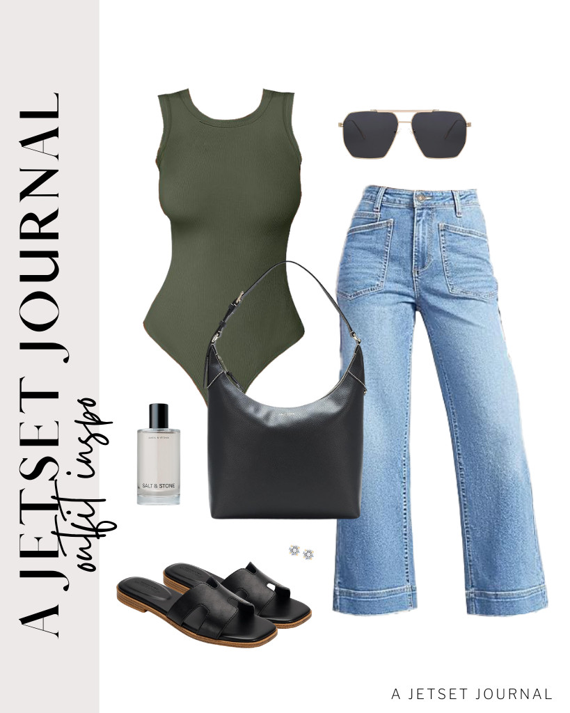 Combine comfort and structure with an army green bodysuit and Cicy Bell jeans. I love how these leather sandals and Cole Haan’s shoulder bag complement the fit. Complete the look with stud earrings and a best-selling body mist from Salt & Stone.

#LTKSeasonal #LTKSaleAlert #LTKTravel
 

 