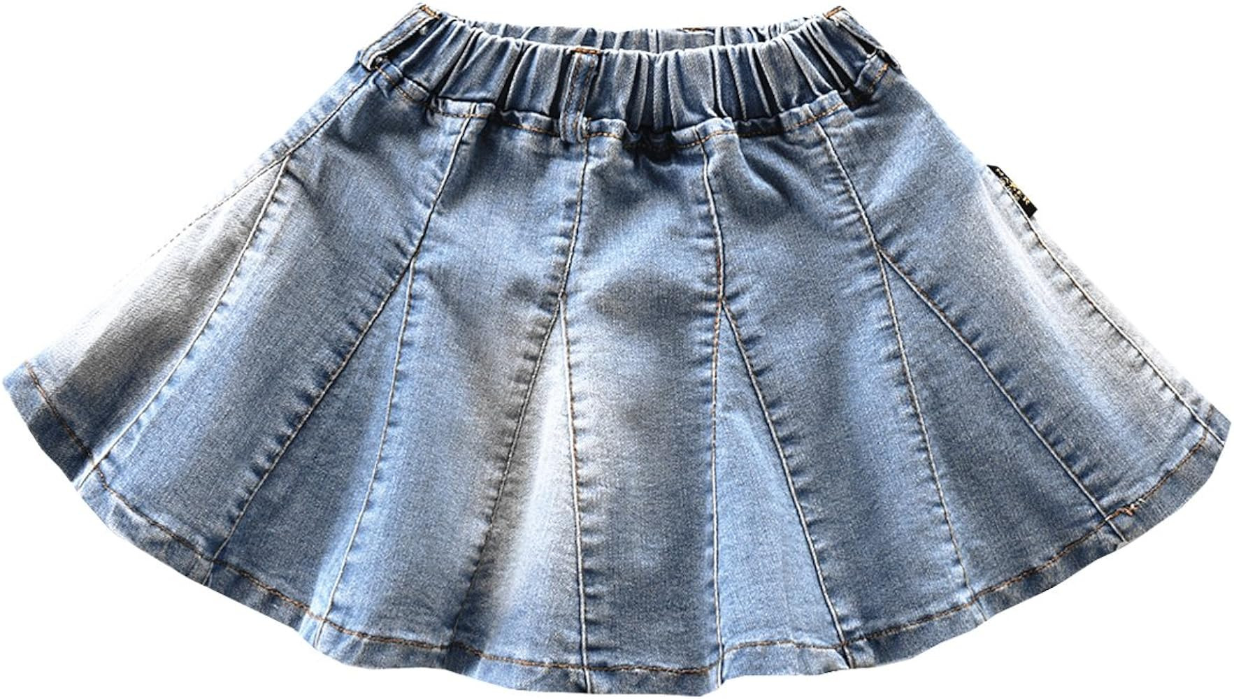 NABER Kids Girls' Casual Elastic Waistband Washed Denim A-Line Pleated Denim Skirt Age 4-11 Years | Amazon (US)