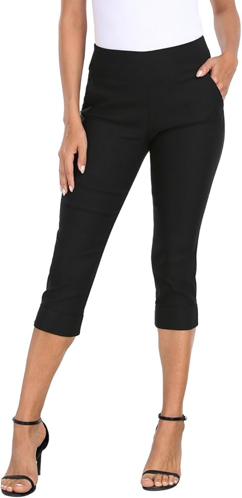 HDE Pull On Capri Pants for Women 19" Inseam Cropped Dress Pants with Pockets | Amazon (US)