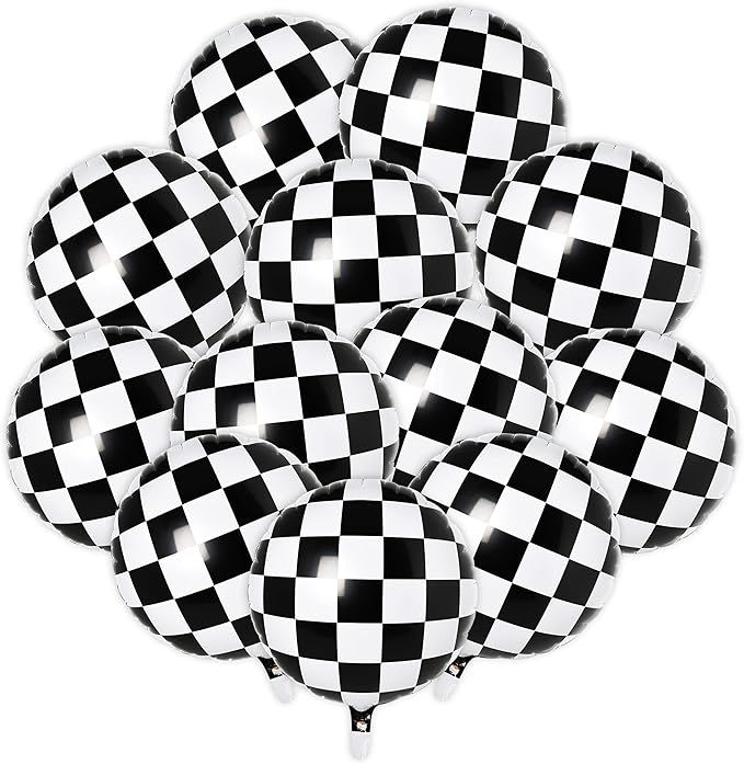 12Pcs 18inch Racing Car Balloon Checkerboard Mylar Balloon Foil Balloon Black White Checkered Hel... | Amazon (US)