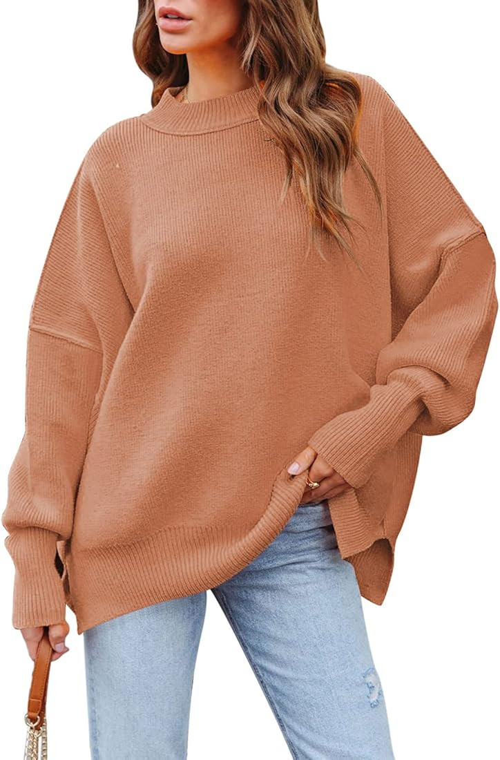 Women's 2023 Fall Casual Oversized Sweater Crewneck Batwing Sleeve Side Slit Ribbed Knit Pullover... | Amazon (US)