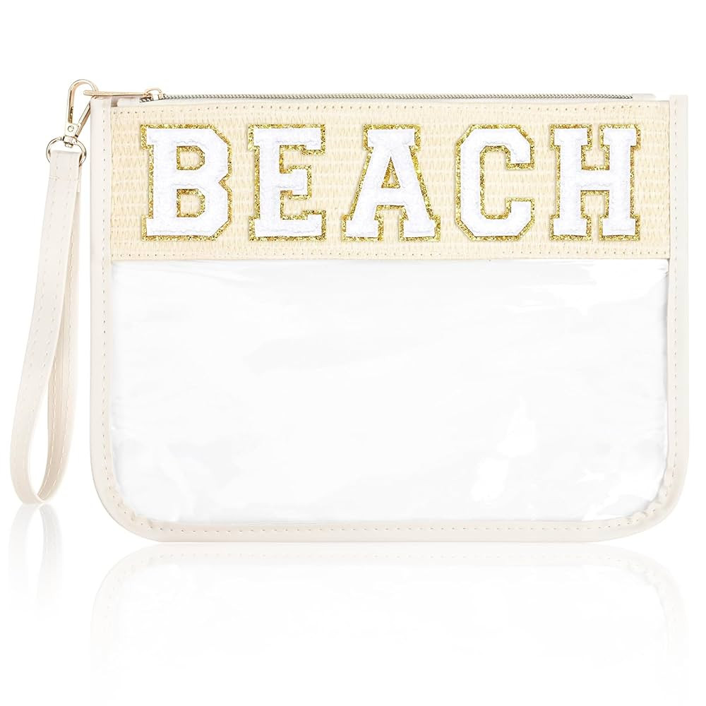 BEACH Bag BEACH Sunscreen Makeup Bag Chenille Letter Pouch Clear Travel Zipper Nylon Cosmetic Pou... | Amazon (US)