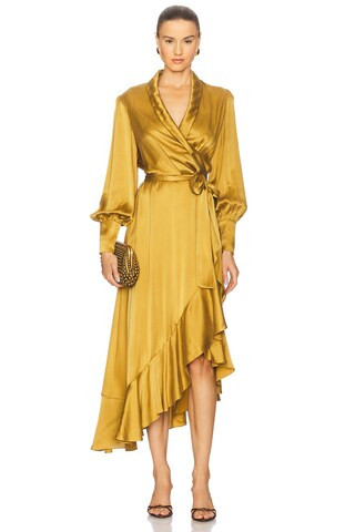Zimmermann Silk Wrap Midi Dress in Olive from Revolve.com | Revolve Clothing (Global)