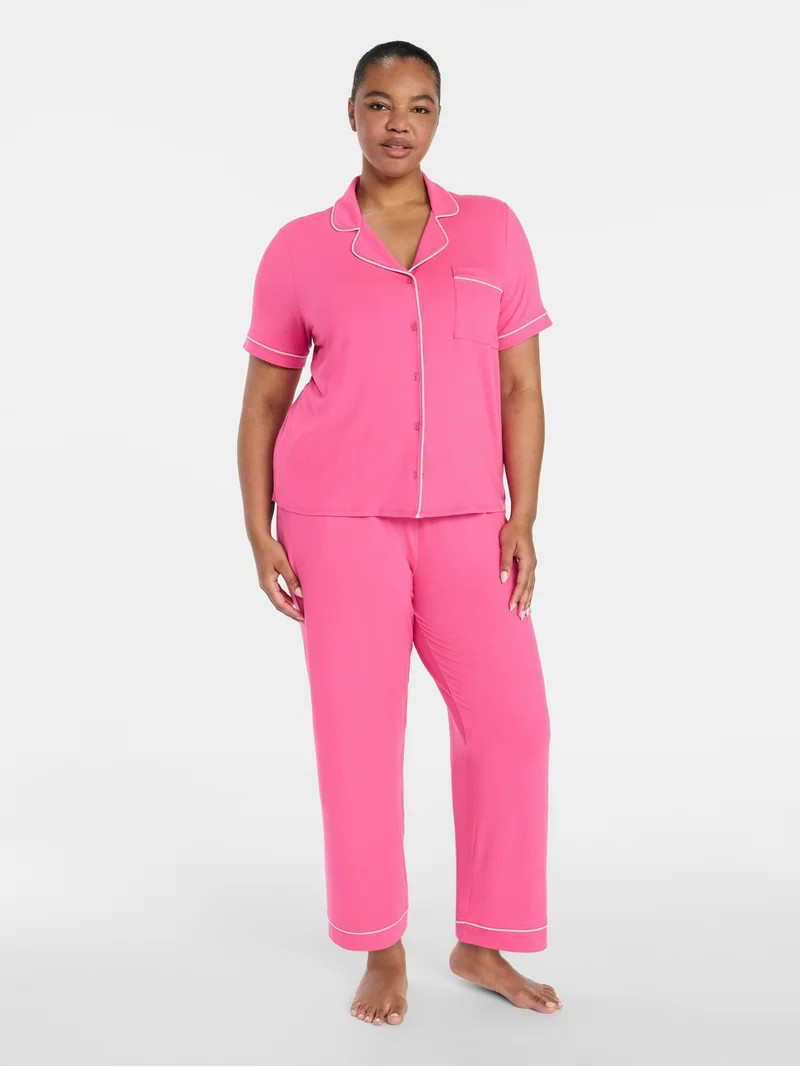 Joyspun Women's Dreamy Soft Collection Notch Knit Top and Capri Pants Pajama Set, 2-Piece, Sizes ... | Walmart (US)