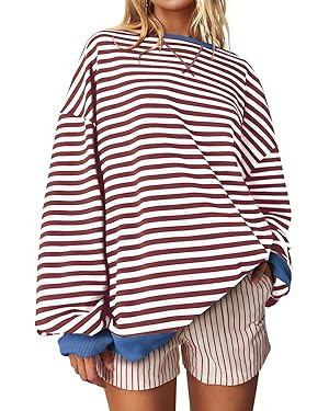 UEU Women Oversized Striped Crewneck Sweatshirt Long Sleeve Color Block Pullover Tops Casual Loos... | Amazon (US)
