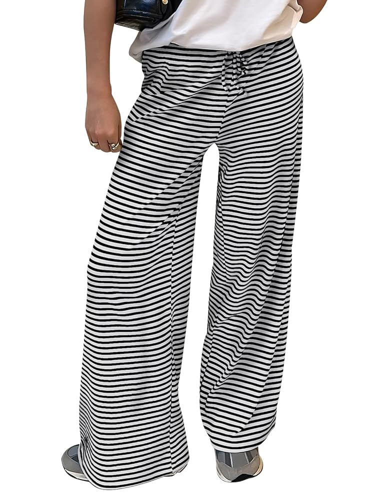 Trendy Queen Womens Striped Ribbed Wide Leg Pants Casual Drawstring Elastic Waist Baggy Sweatpant... | Amazon (US)