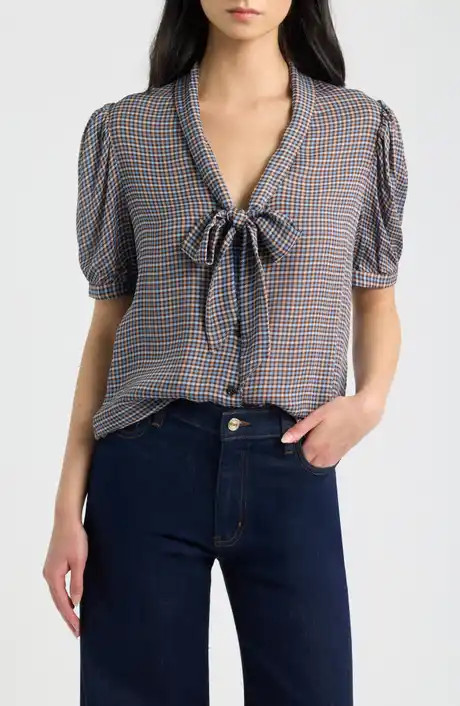 FRAME The Lantern Plaid Silk Top (Women) | Nordstrom | Nordstrom