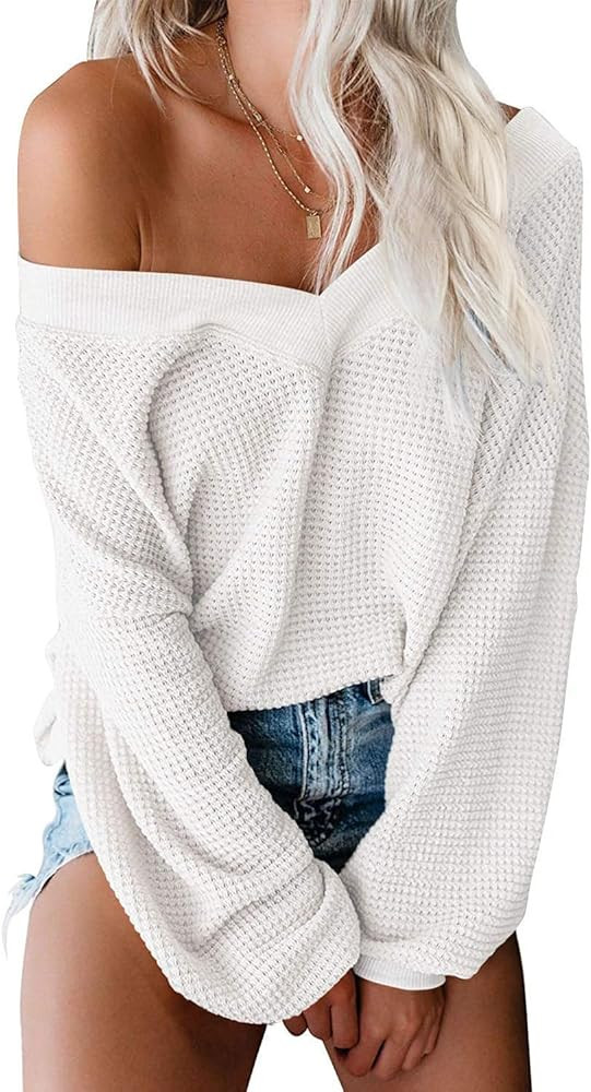 ReachMe Womens Oversized Off The Shoulder Tops Long Sleeve Waffle Knit Shirt Drop Shoulder Sweate... | Amazon (US)