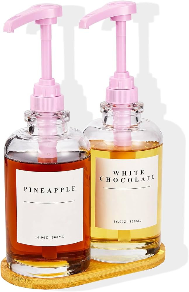 Coffee Syrup Dispenser for Coffee Bar, Coffee Syrup Pump Dispenser, Glass Syrup Bottle with Pink ... | Amazon (US)