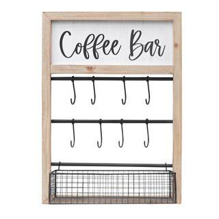 Farmhouse 15.75 in. W x 6.25 in. D Coffee Bar Natural Wood Frame and Black Metal Decorative Wall Shelf | The Home Depot