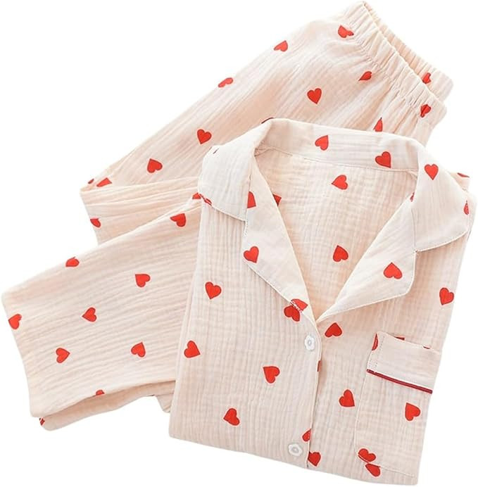 Cotton Pajamas for Women Set Pajama Sets Cotton Pj Set Cute Heart Print Long Sleeve Button Down S... | Amazon (US)
