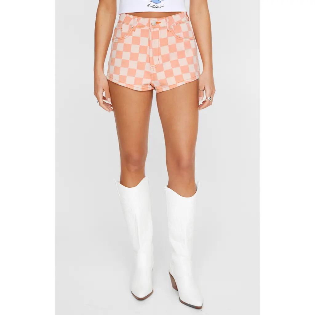 NASTY GAL Checkerboard High Waist Shorts in Orange at Nordstrom, Size 2 | Nordstrom