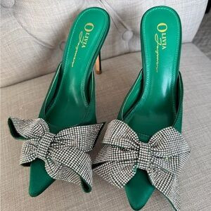 Green Rhinestone Bow Mule Heels Sz 6.5 | Poshmark