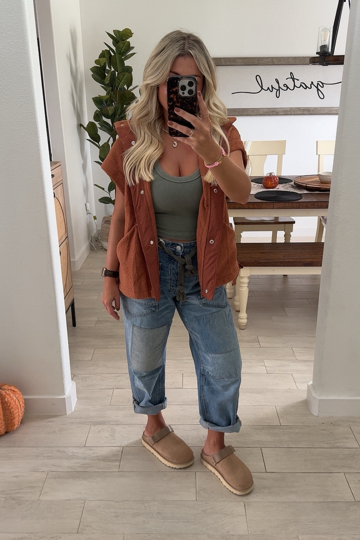 Casual fall outfit inspo! 
Fleece vest small
Tank xs
Jeans 25
Ugg goldenstar clog went up 1/2 a size 

#LTKShoeCrush #LTKFindsUnder100 #LTKFindsUnder50