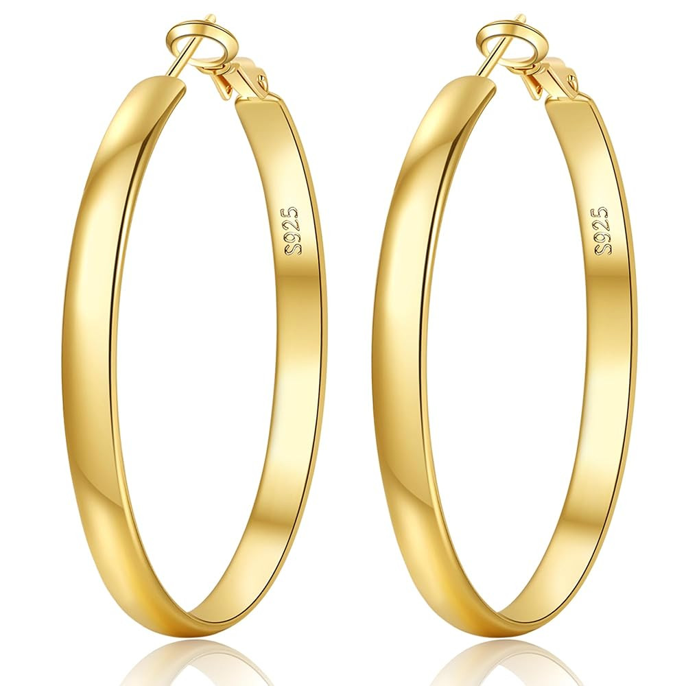 EXGOX 5mm Wide Gold Hoop Earrings for Women,Sterling Silver Hoop Earrings Large Silver Hoop Earri... | Amazon (US)