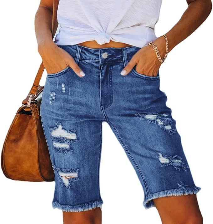 Women's Ripped Denim Jean Bermuda Shorts High Waisted Stretchy Hem Short Jeans | Amazon (US)