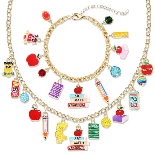 YAHPERN Teacher Necklace Earrings Bracelet for Women, Teacher Accessories, Cute Pencil Book Charms Bracelet Choker Necklace Earrings Teacher Appreciation Gifts Back To School Jewelry (Teacher) | Amazon (US)