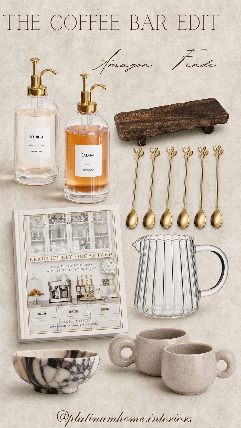Elevate your coffee corner with these Amazon coffee bar finds 🤎 From glass syrup dispensers and gold spoons to textured mugs, a fluted pitcher, marble accents, and a pretty styling book, these pieces make an everyday coffee station feel so much more curated. Perfect for a neutral, cozy, designer-inspired kitchen or coffee bar.

#AmazonFinds #CoffeeBarIdeas #CoffeeBarDecor #AmazonHome #KitchenDecor #NeutralHomeDecor #DesignerInspired #HomeDecorFinds #CoffeeStation #OrganicModern

#LTKHome