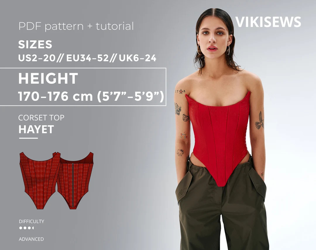 Hayet Corset Top 170-176 Height US Sizes 2 20 Pattern, Princess Corset Top Sewing Pattern With Tu... | Etsy (US)