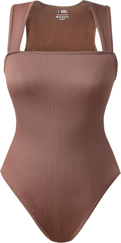 Women Bodysuits Sleeveless Square Stretch Basic Tank Tops Bodysuits, Sexy Ribbed Strappy Square N... | Amazon (US)