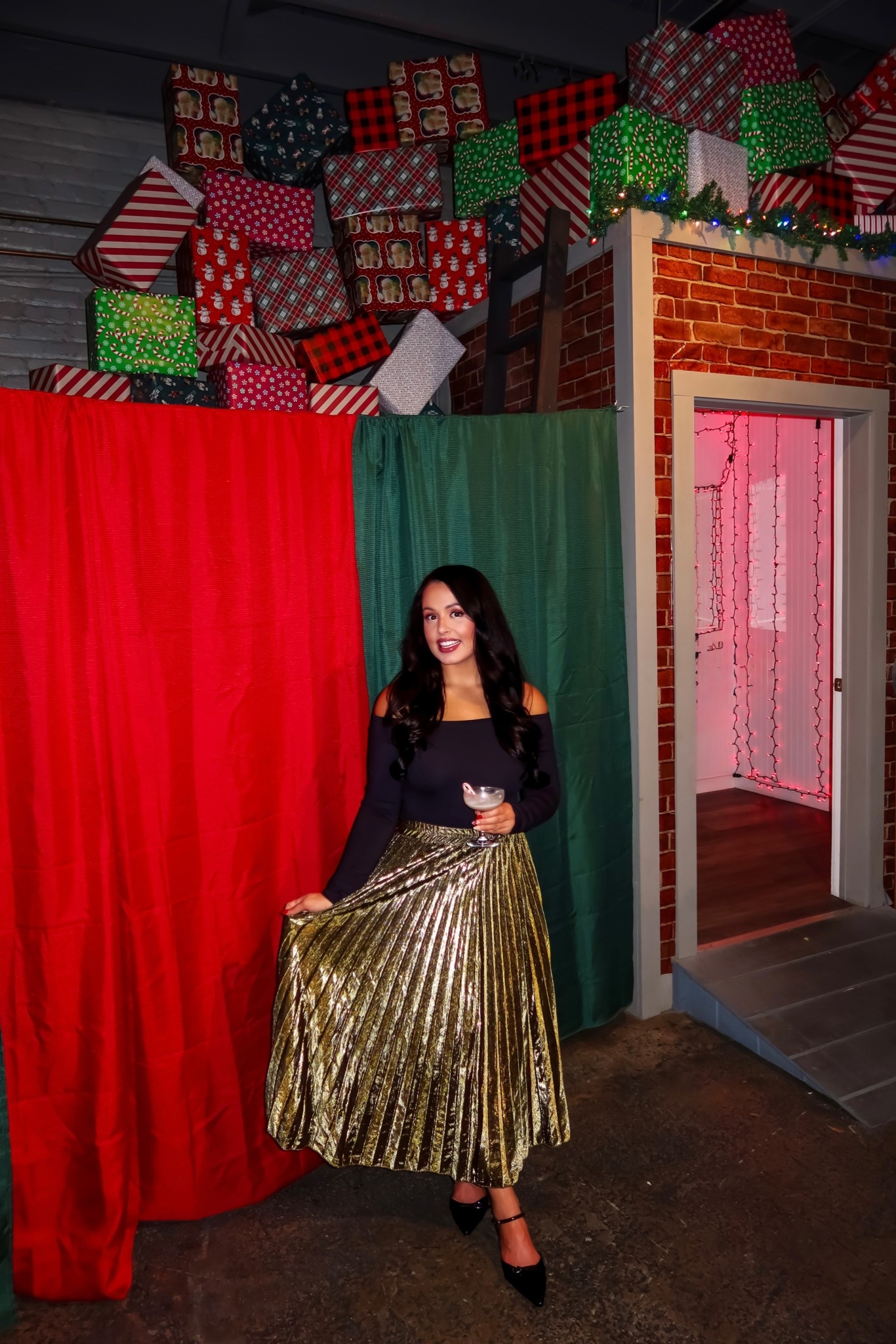 Under $30 Amazon gold pleated maxi skirt (small), under $10 Amazon off the shoulder black top (small), under $30 black pointed toe heels (tts) #founditonamazon 

#LTKHoliday #LTKFindsUnder50 #LTKSaleAlert