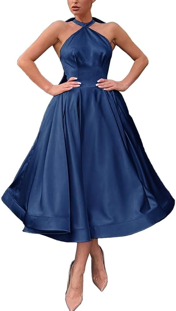 Halter Homecoming Dresses 2024 Short Sleeveless Satin Ruched A-Line Tea Length Prom Formal Gown w... | Amazon (US)