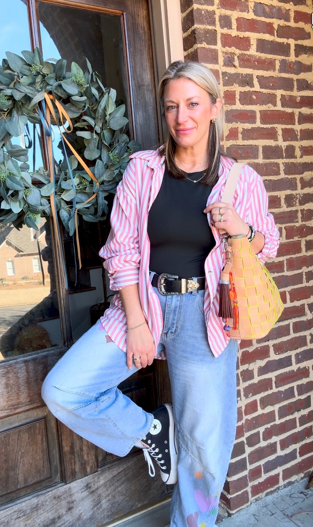 Designer jeans. Designed denim. Hearts. Valentine ootd. Mom fit. Late winter and early spring in the South! Great transitional outfits for us Alabamians who deal with 30s and 75s on same day lol 
￼

#LTKValentine #LTKootd #LTKOver40