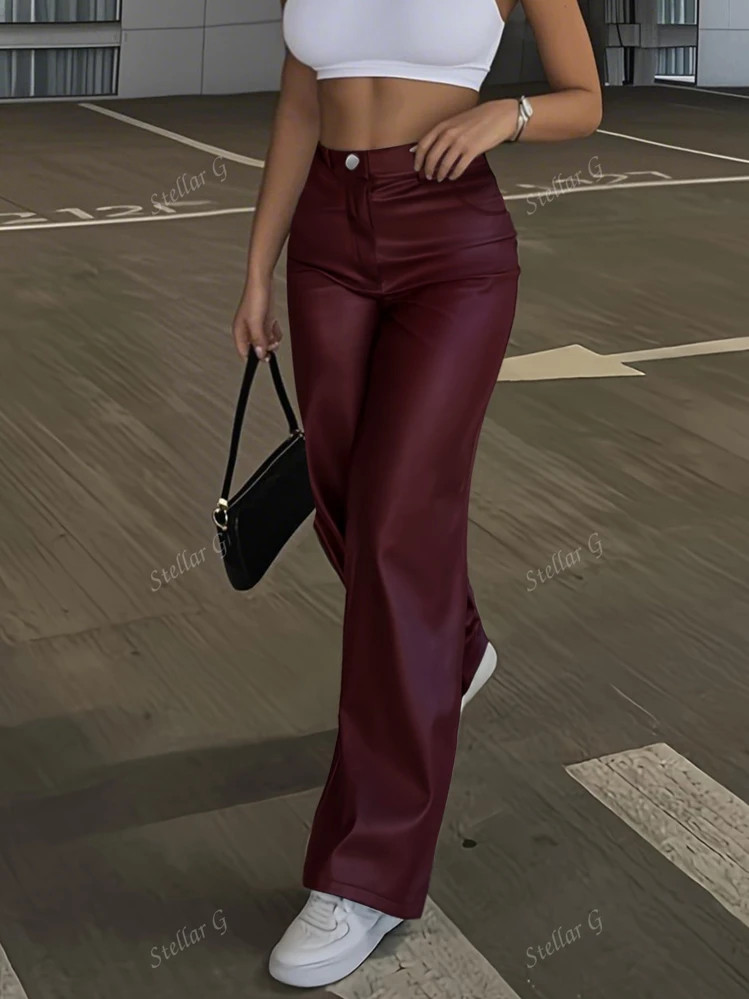 Red PU Leather Shiny Matte Palazzo Pants, High Waist Fashion Party Commuter Holiday Music Festiva... | SHEIN
