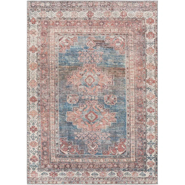 Bria Machine Washable Oriental Blue/Dusty Coral Area Rug | Wayfair North America