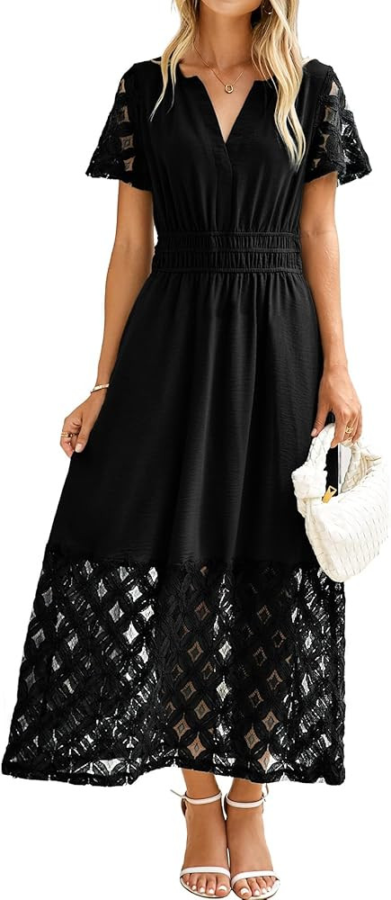 Simplee Womens 2025 Summer Boho Maxi Dress V Neck Empire Waist Long Flowy Dresses with Pockets | Amazon (US)