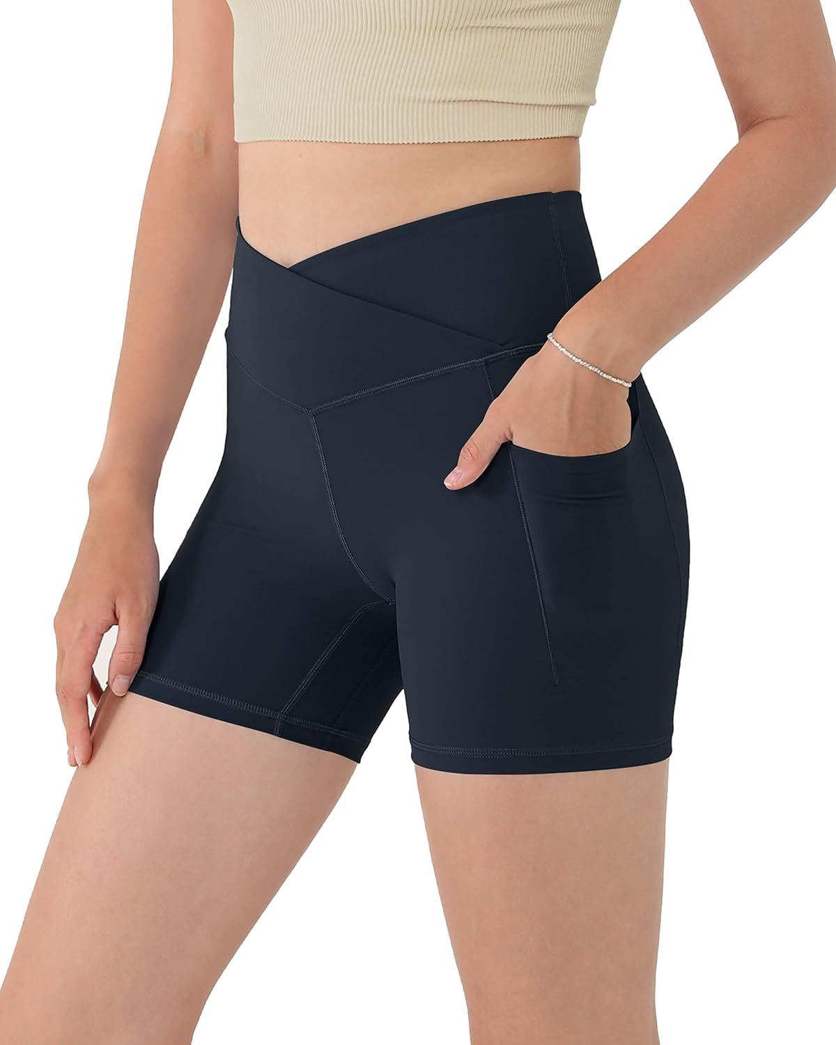 ODODOS Women's Cross Waist Biker Shorts with Inner Pocket, Sports Athletic Workout Running Yoga S... | Amazon (US)