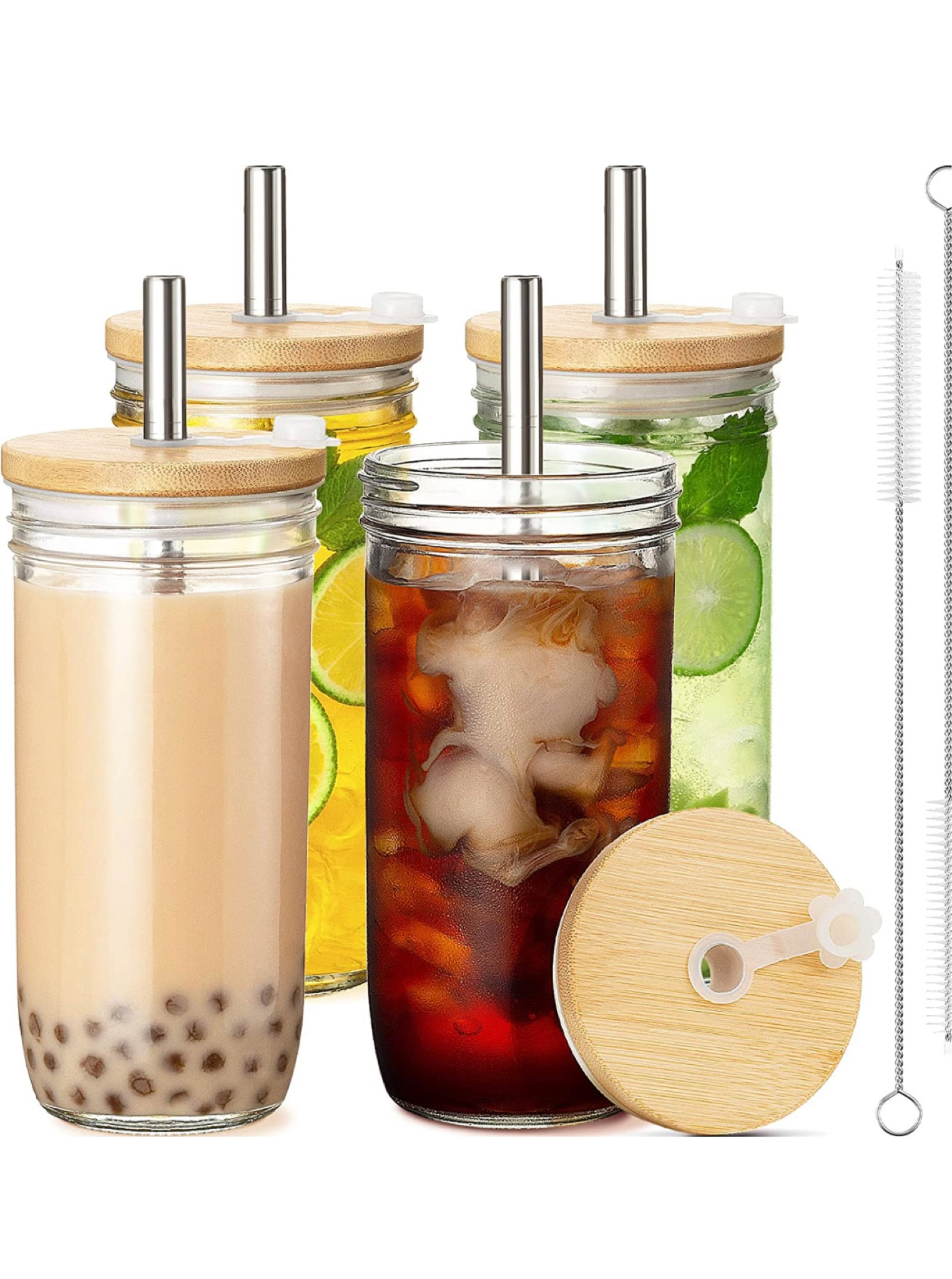 4 Pack Glass Cups Set 24oz Mason Jar w Bamboo Lids & Straw Reusable  Airtight Lid