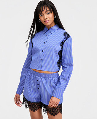 Women's Lace-Trim Cropped Shirt, Macy's Exclusive | Macy's