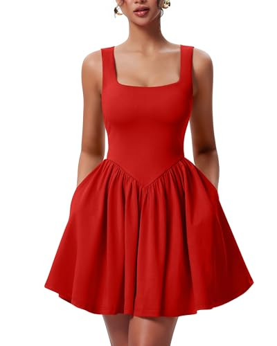 YMDUCH Women's Summer Sleeveless Square Neck A-line Ruffle Hem Mini Tank Dress with Pockets Red | Amazon (US)