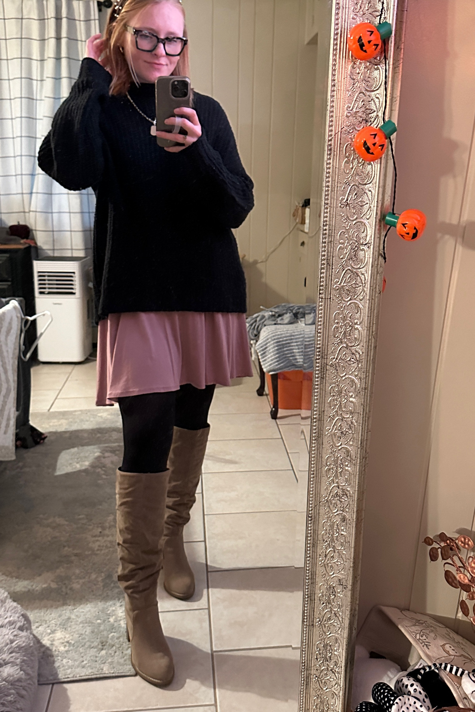 Women’s fall outfit/ cute/ cozy/ baby shower/ sweater/ dress/ high boots/ war by Parker glasses/ head band

#LTKSeasonal #LTKGiftGuide