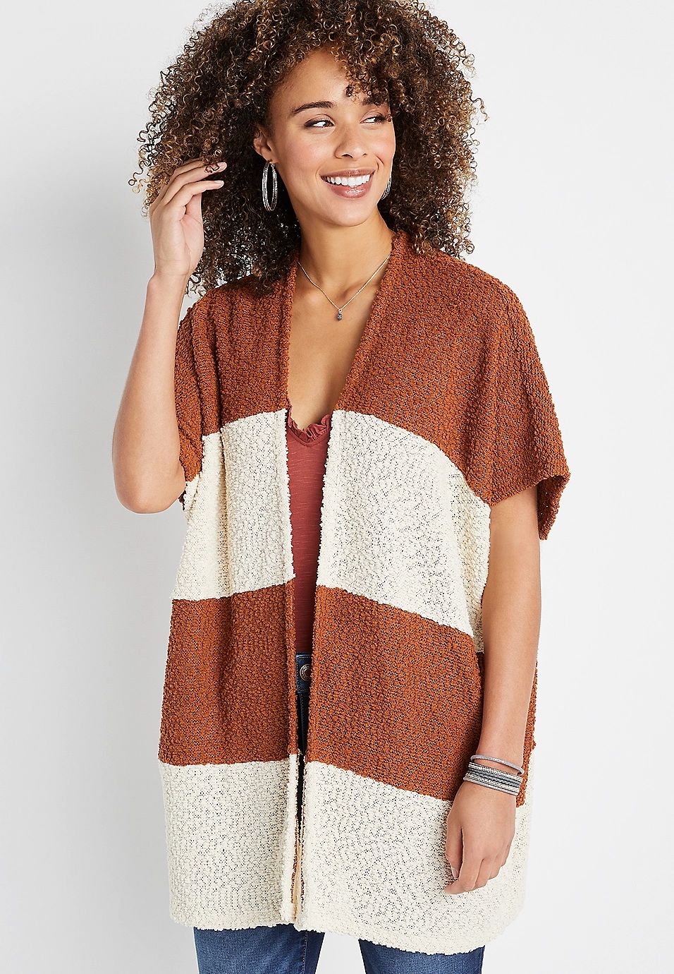 Rust Striped Short Sleeve Cardigan | Maurices