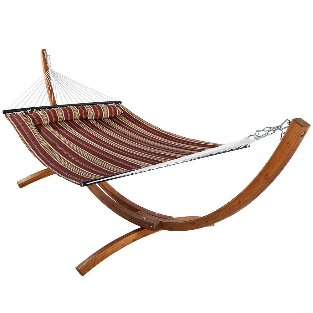 Sunnydaze Decor 10-3/4 ft. Quilted 2-Person Hammock with 12 ft. Wooden Curved Arc Stand in Red Strip | The Home Depot