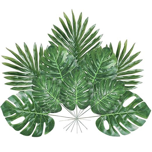 Tropical Palm Leaves with Stems 24 Pack, 4 Kinds Artificial Plant Faux Monstera Leaves for Dino H... | Amazon (US)