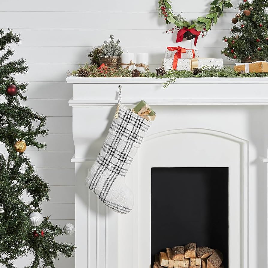 VHC Brands Woven Plaid Stocking Christmas Holiday Farmhouse Decor Gingham Black Pine Green White ... | Amazon (US)