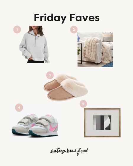 Friday faves! ✨
1️⃣ This Lululemon dupe is so cozy and perfect for fall. I’ve been wearing it non-stop. It fits tts (I ordered a M). 2️⃣ This blanket it sooo soft and looks almost identical to one from Pottery Barn. It’s one of my best Amazon purchases to date. 3️⃣ I’ve never owned a pair of Uggs but I feel like I need these slippers in my life. 4️⃣ Ordered Olivia a new pair of sneakers and she’s obsessed. 5️⃣ Every time I share an outfit photo I get asked about these gallery wall frames. They’re perfect! 

#LTKhome #LTKkids #LTKSeasonal