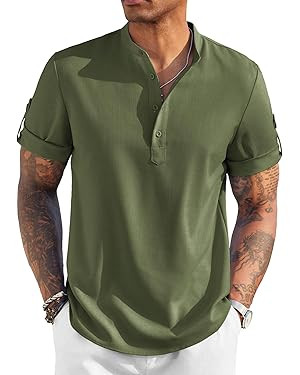 COOFANDY Men's Casual Henley Shirt Short Sleeve Band Collar Linen Shirt Summer Beach Hippie T-Shi... | Amazon (US)
