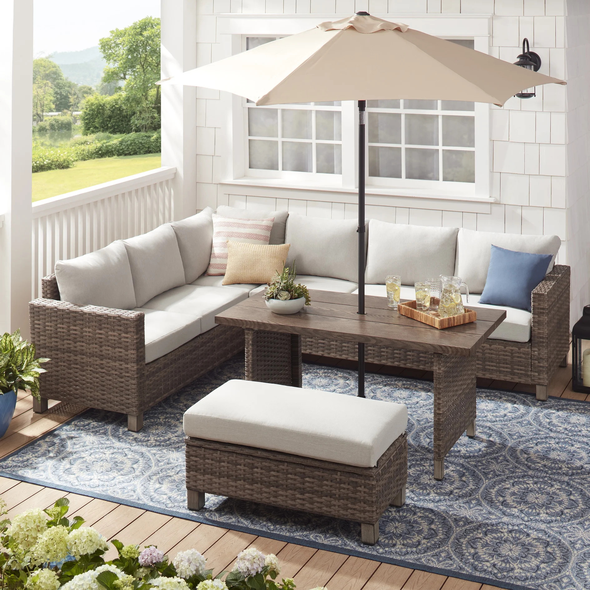 Better Home & Gardens Brookbury 4 Piece Outdoor Wicker Patio Sectional Dining Set, Beige Cushions | Walmart (US)