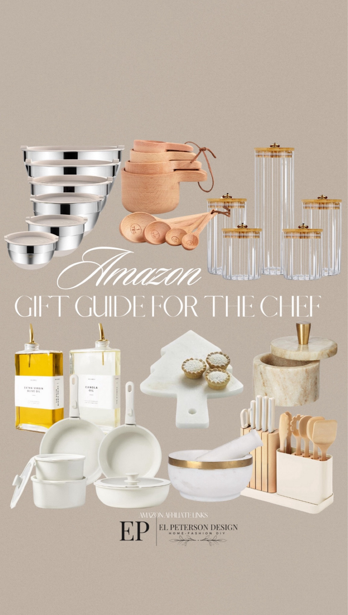 Amazon holiday gift guide for the chef
Mixing bowl
Measuring spoon
Canisters
Oil and vinegar dispenser
Pot and pan set
Cheese plate
Mortal and pistol
Marble salt pincher
14 piece kitchen prep 


#LTKGiftGuide #LTKHome