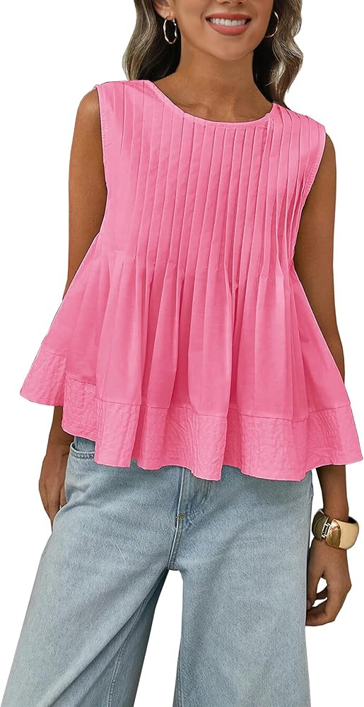 Womens Summer Pleated Peplum Sleeveless Blouse Tank Tops Round Neck Y2K Babydoll Blouse Shirt | Amazon (US)