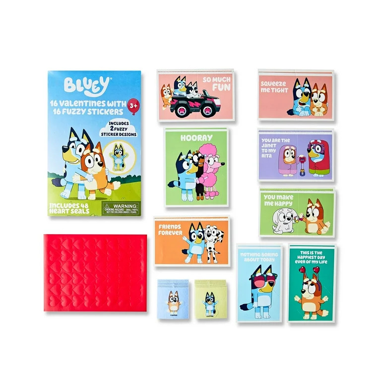 Bluey Valentine Exchange Cards with Fuzzy Stickers, Blue, Paper, Classroom, 16 Count | Walmart (US)