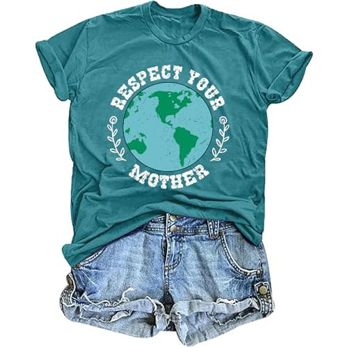 HQP Earth Day Shirt Women Respect Your Mother Letter Print T Shirt Earth Day Eco Friendly Gift Causal Tees Tops Cyan | Amazon (US)