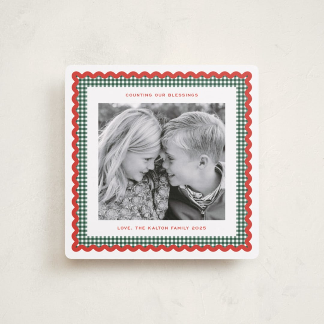 "Gingham Fun" - Customizable Square Holiday Cards in Green by Erin German. | Minted